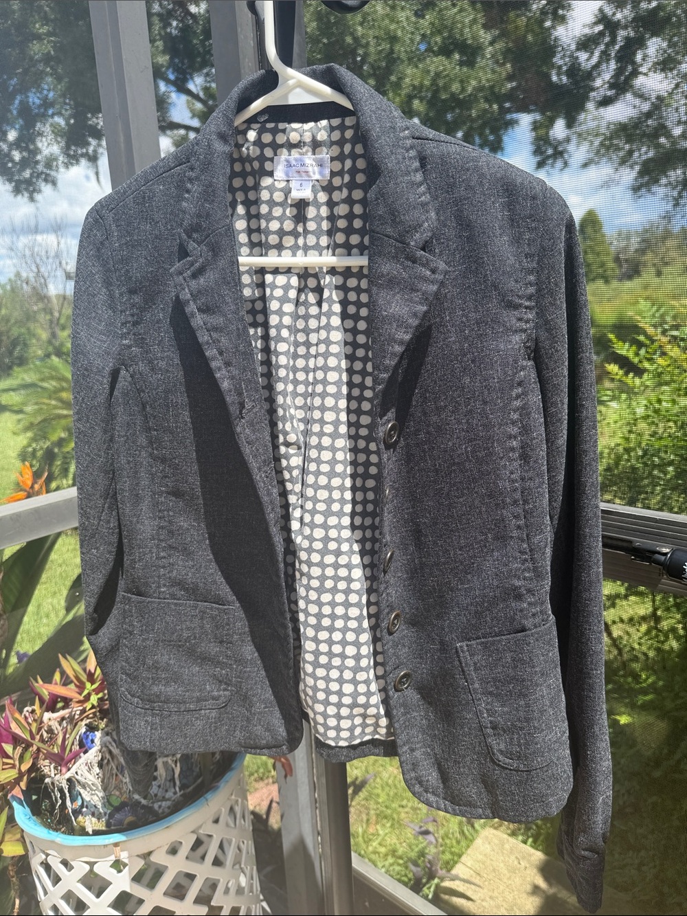 Isaac Mizrahi Charcoal Gray Blazer with Polka Dot Lining